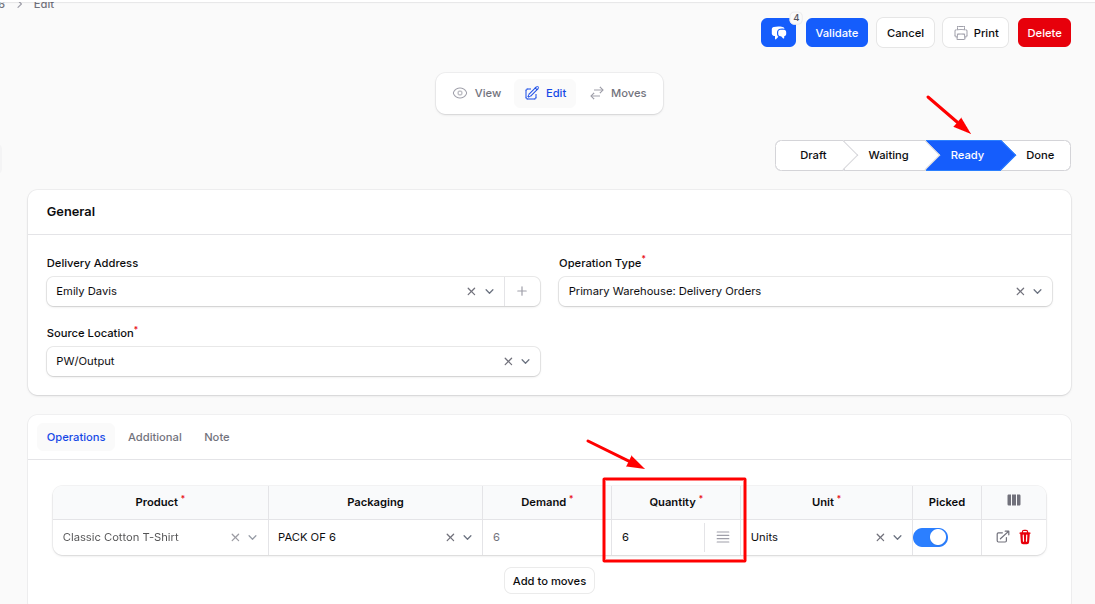Delivery View Page Actions