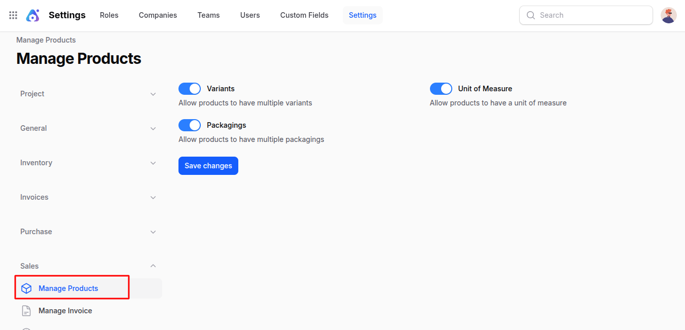 Manage Products Navigation